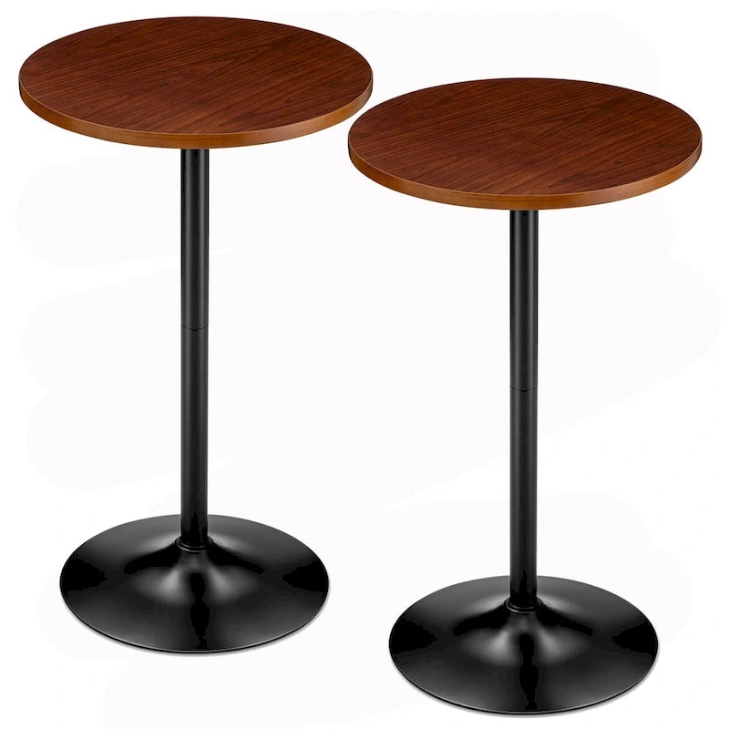 Round Bistro Pub Bar Table with Walnut Veneer Top and Black Metal Base