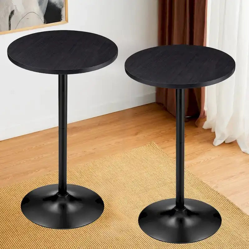 Round Bistro Pub Bar Table with Walnut Veneer Top and Black Metal Base