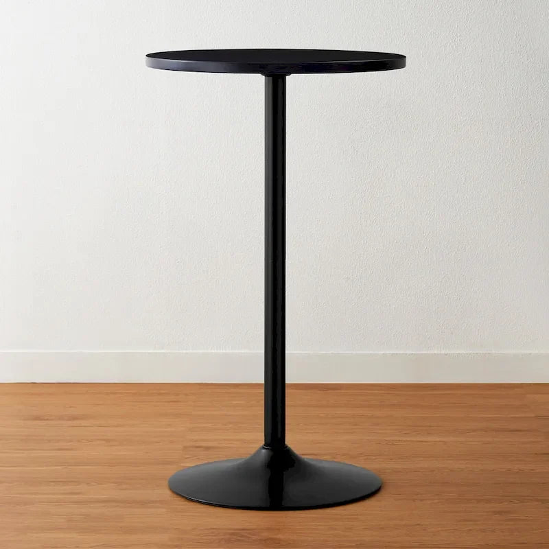 Round Bistro Pub Bar Table with Walnut Veneer Top and Black Metal Base