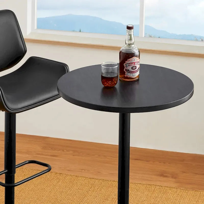 Round Bistro Pub Bar Table with Walnut Veneer Top and Black Metal Base