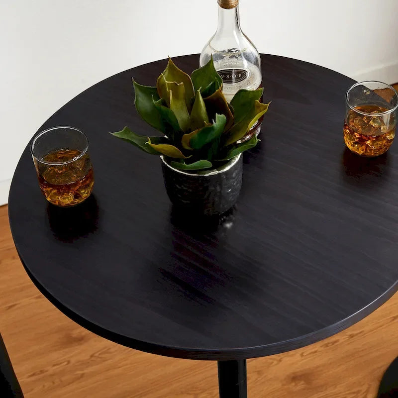 Round Bistro Pub Bar Table with Walnut Veneer Top and Black Metal Base