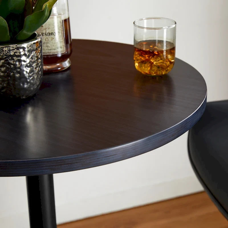 Round Bistro Pub Bar Table with Walnut Veneer Top and Black Metal Base