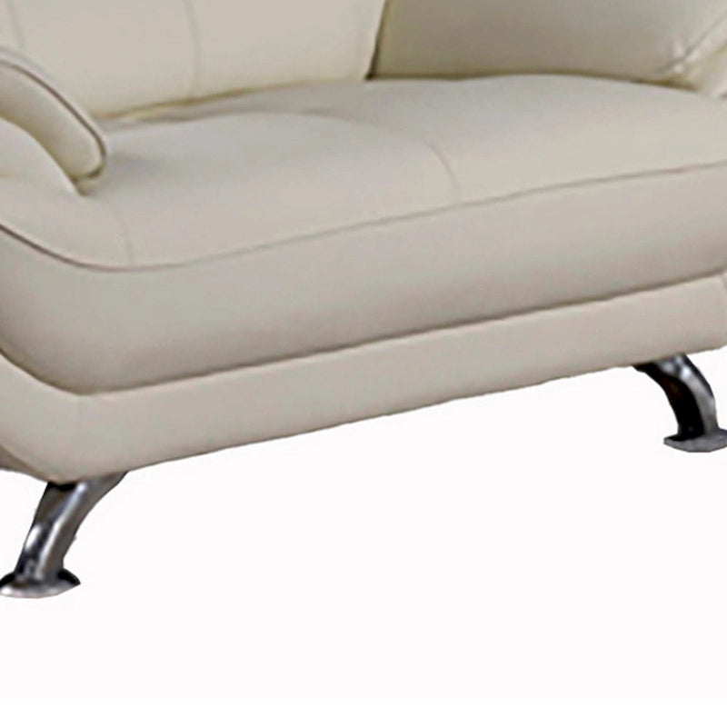 Ivory Tufted Genuine Leather Loveseat with Chrome Metal Legs