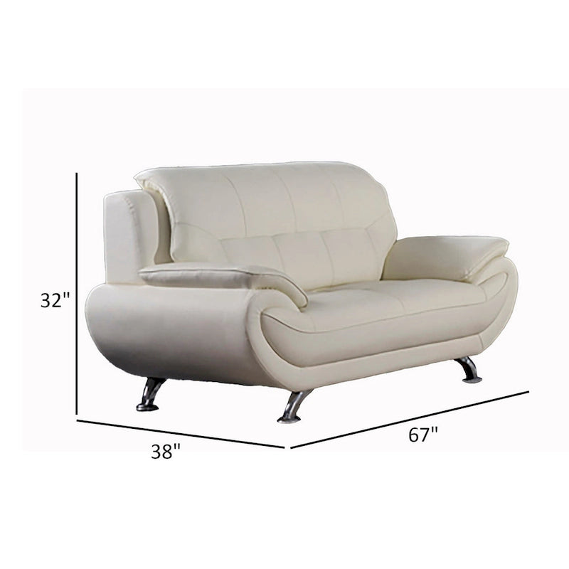 Ivory Tufted Genuine Leather Loveseat with Chrome Metal Legs