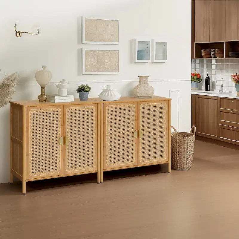 Natural Rattan Bamboo Sideboard Buffet Cabinet with Gold Handles