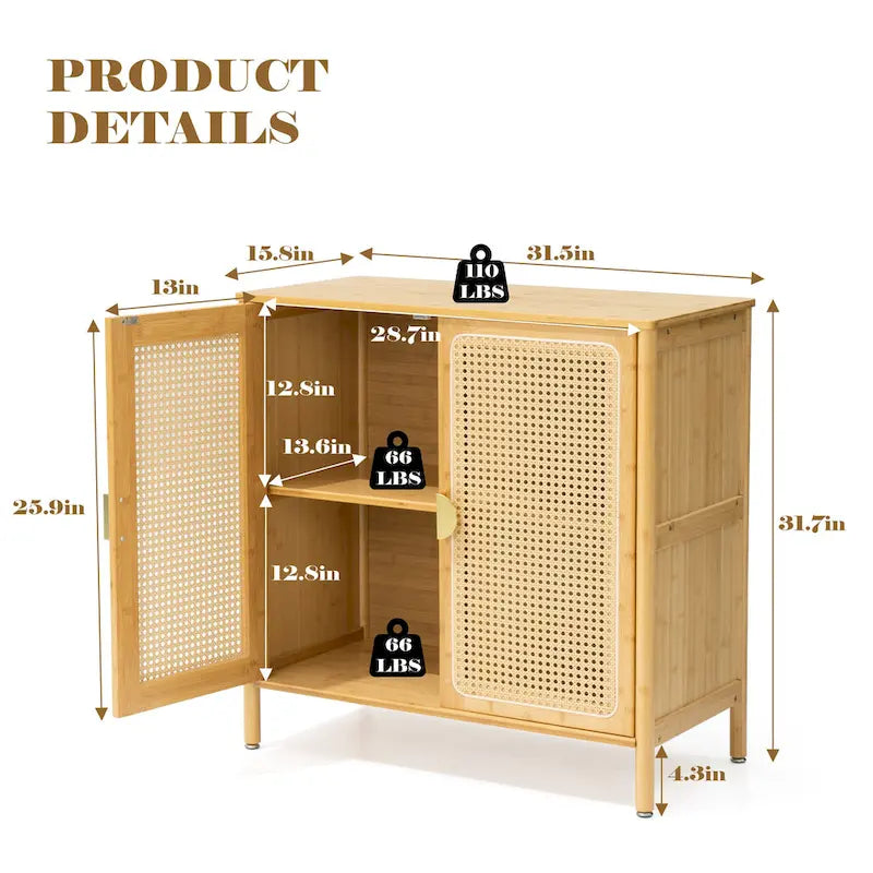 Natural Rattan Bamboo Sideboard Buffet Cabinet with Gold Handles