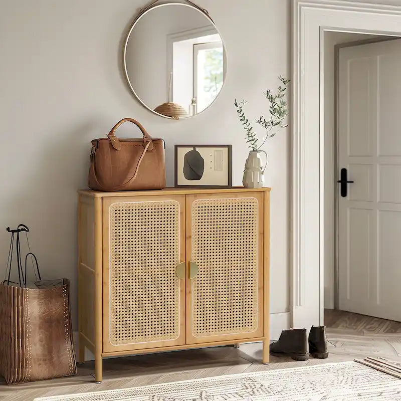 Natural Rattan Bamboo Sideboard Buffet Cabinet with Gold Handles