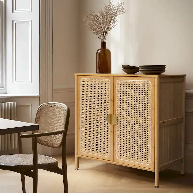 Natural Rattan Bamboo Sideboard Buffet Cabinet with Gold Handles