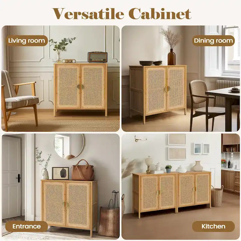 Natural Rattan Bamboo Sideboard Buffet Cabinet with Gold Handles