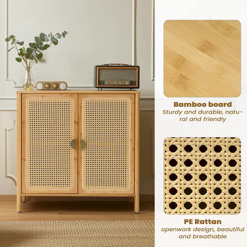 Natural Rattan Bamboo Sideboard Buffet Cabinet with Gold Handles