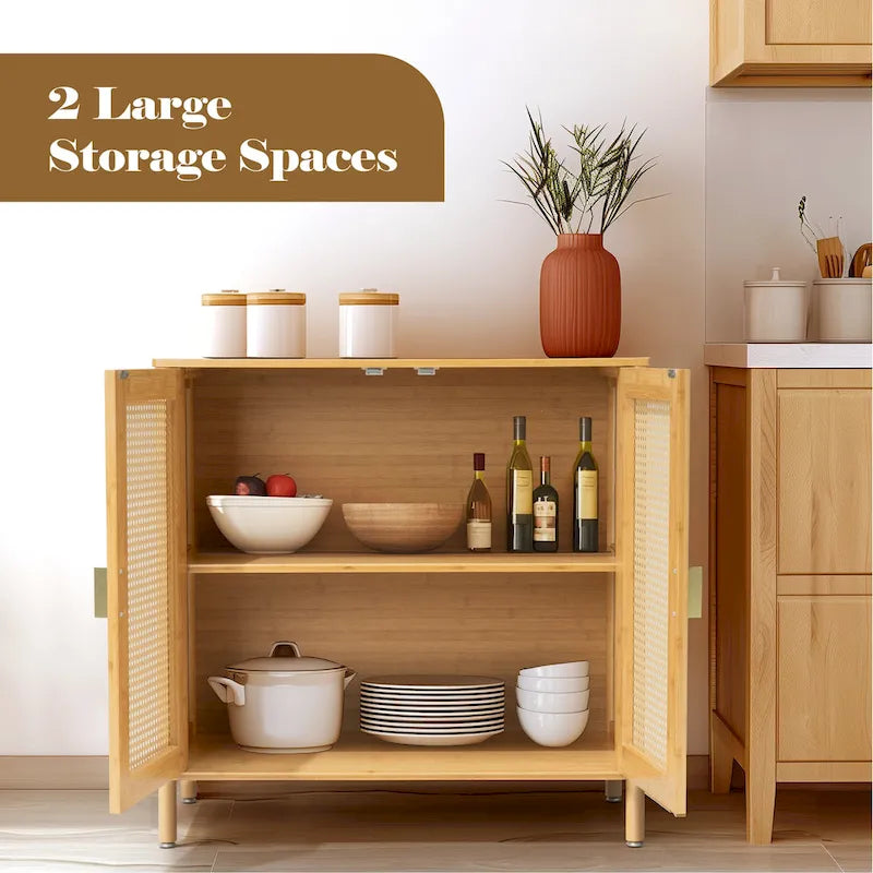 Natural Rattan Bamboo Sideboard Buffet Cabinet with Gold Handles