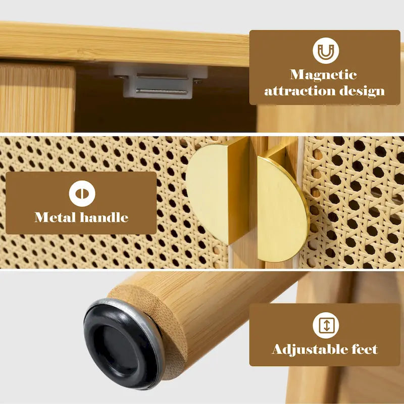 Natural Rattan Bamboo Sideboard Buffet Cabinet with Gold Handles