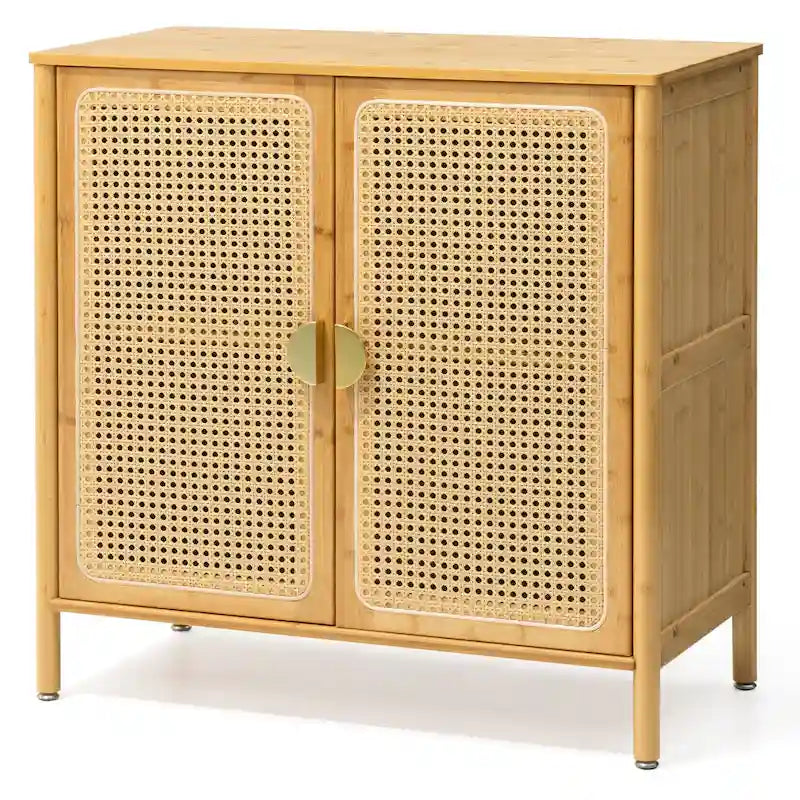 Natural Rattan Bamboo Sideboard Buffet Cabinet with Gold Handles