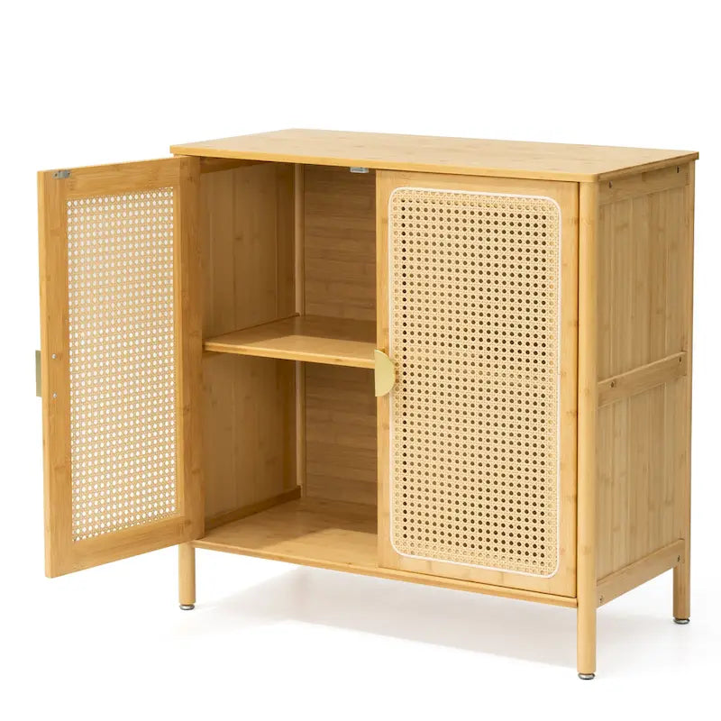 Natural Rattan Bamboo Sideboard Buffet Cabinet with Gold Handles