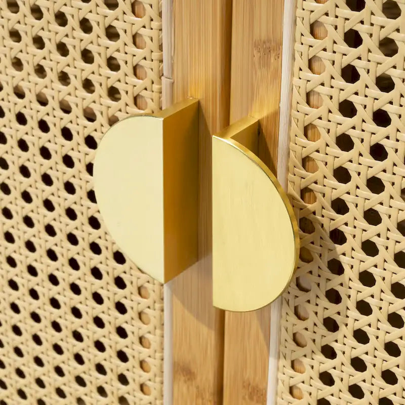 Natural Rattan Bamboo Sideboard Buffet Cabinet with Gold Handles