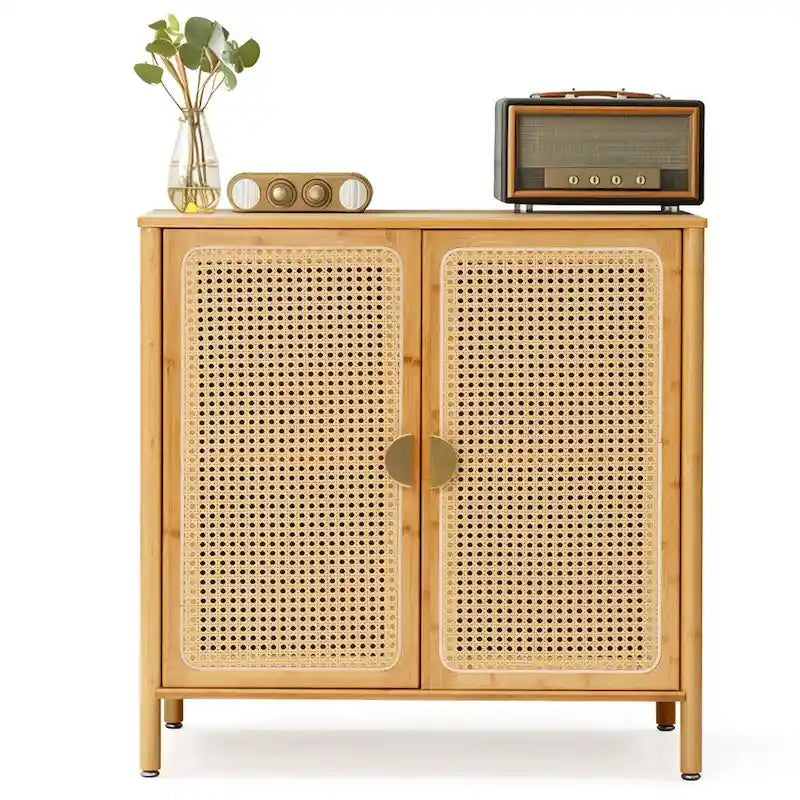 Natural Rattan Bamboo Sideboard Buffet Cabinet with Gold Handles