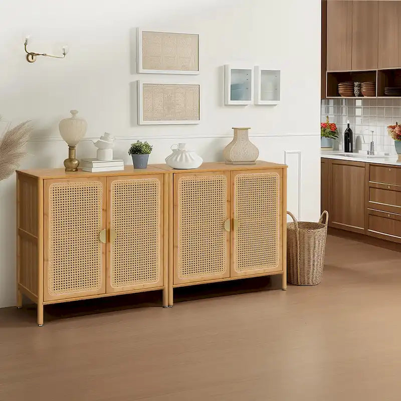 Natural Rattan Bamboo Sideboard Buffet Cabinet with Gold Handles