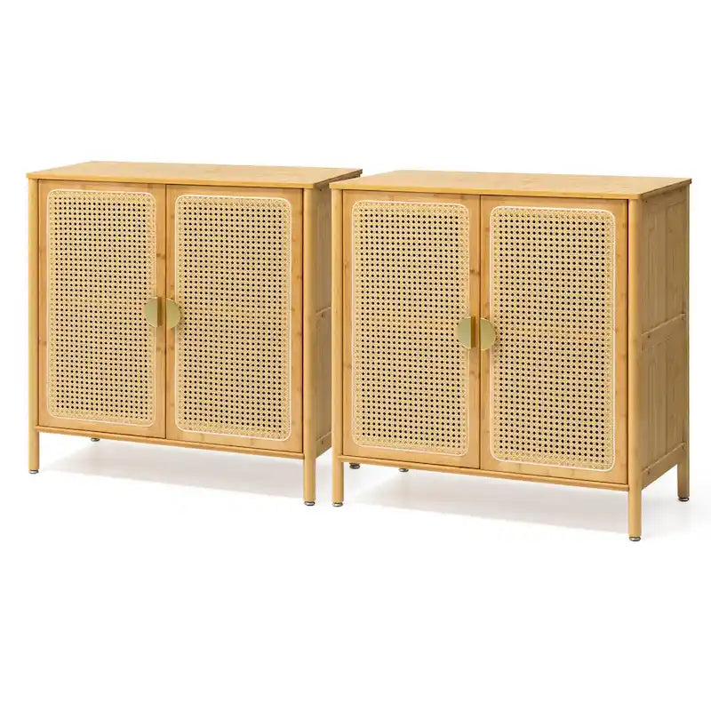Natural Rattan Bamboo Sideboard Buffet Cabinet with Gold Handles