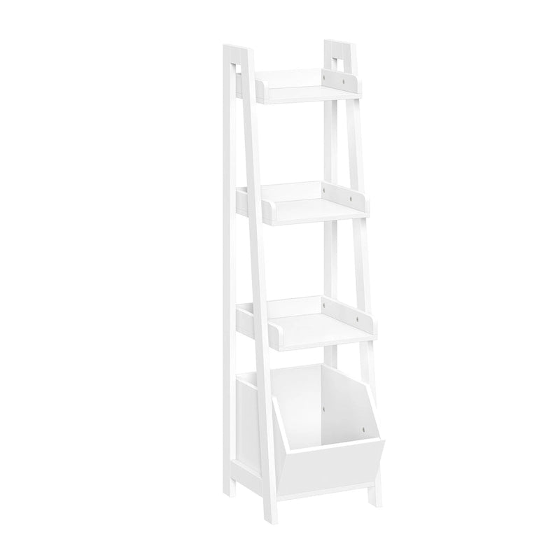 4-Tier White Ladder Shelf with Open Shelves and Storage Organizer Bin