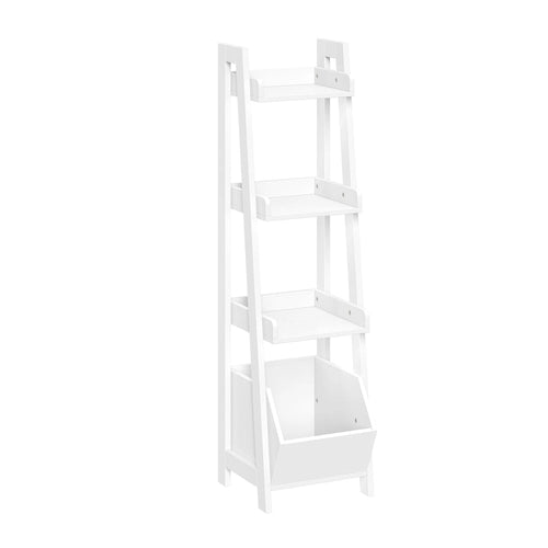 4-Tier White Ladder Shelf with Open Shelves and Storage Organizer Bin
