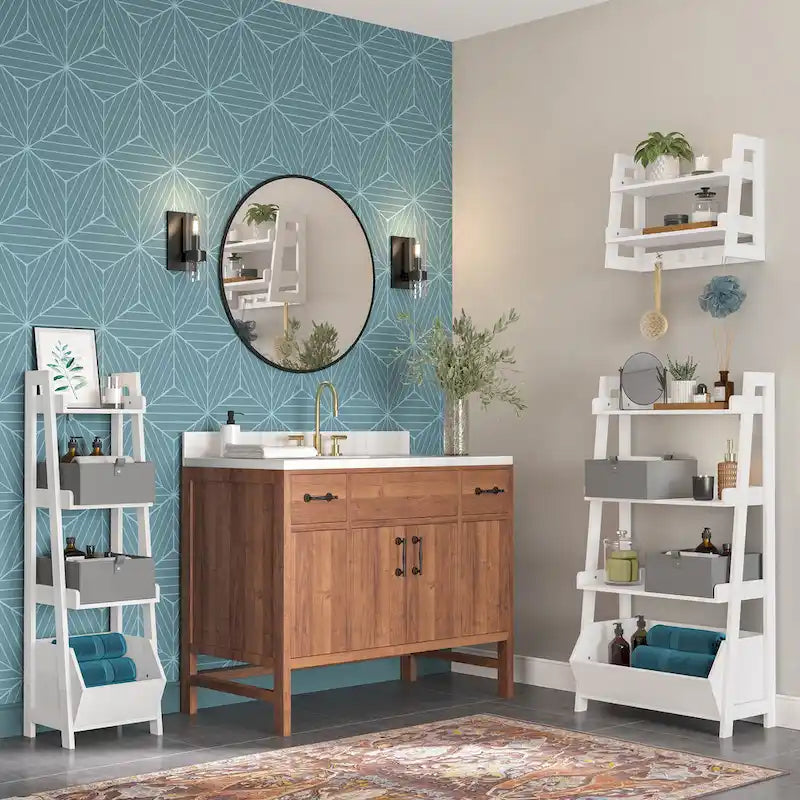 4-Tier White Ladder Shelf with Open Shelves and Storage Organizer Bin