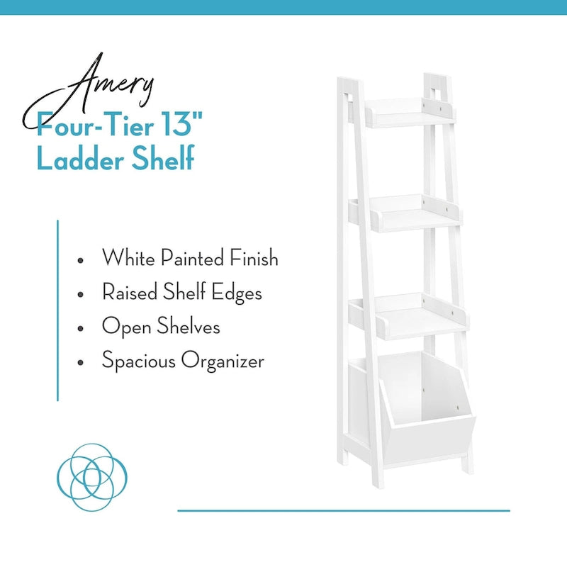 4-Tier White Ladder Shelf with Open Shelves and Storage Organizer Bin