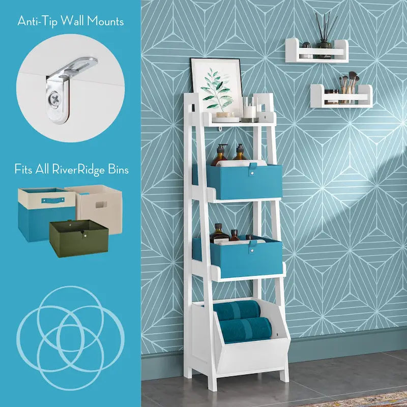 4-Tier White Ladder Shelf with Open Shelves and Storage Organizer Bin