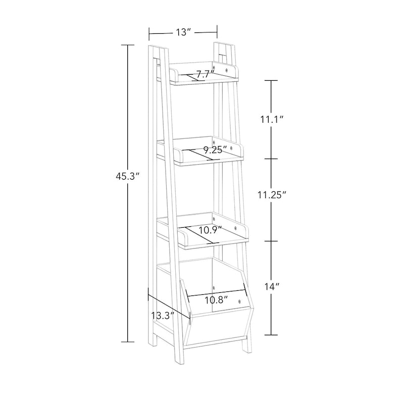 4-Tier White Ladder Shelf with Open Shelves and Storage Organizer Bin
